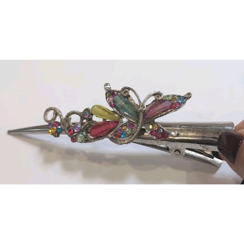 Vintage Silver & Purple Color Stones Butterfly Hair Clip Barrette Long Clamp